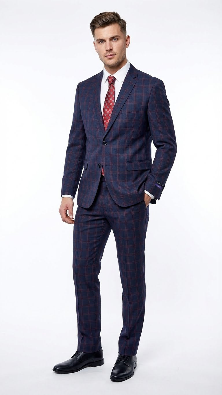 Men's navy & burgundy checkered two-piece suit. Features plaid windowpane pattern, two-button jacket with notched lapels, and flat-front pants.
