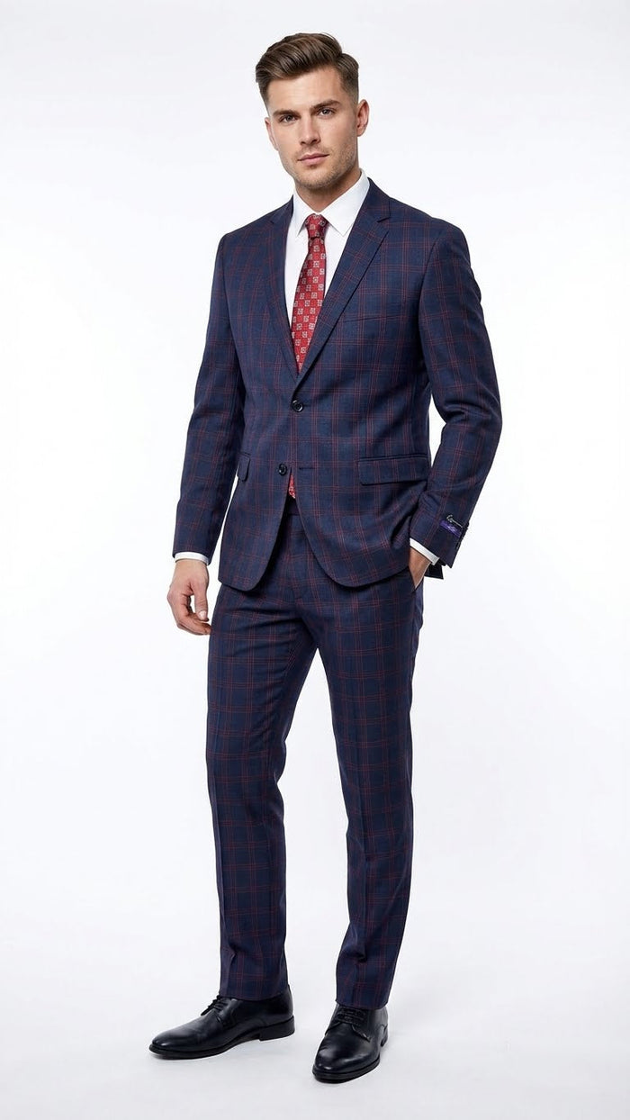 Men's navy & burgundy checkered two-piece suit. Features plaid windowpane pattern, two-button jacket with notched lapels, and flat-front pants.
