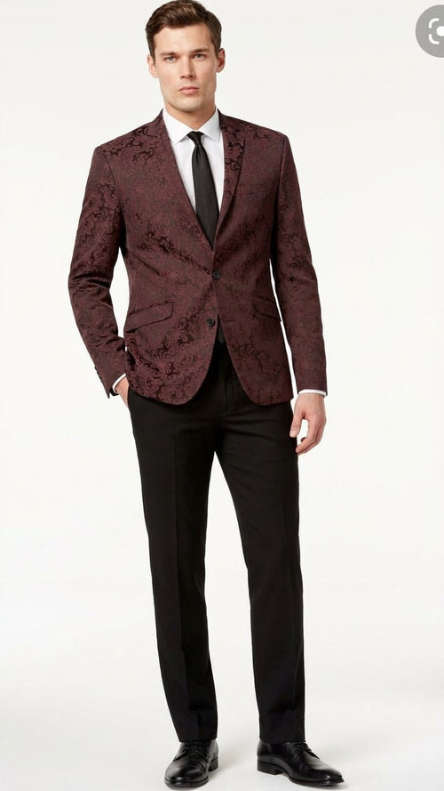 Burgundy paisley velvet blazer. Fitted silhouette, single-button closure, notch lapel, and two front pockets. Tonal paisley pattern adds subtle texture and a luxurious feel.
