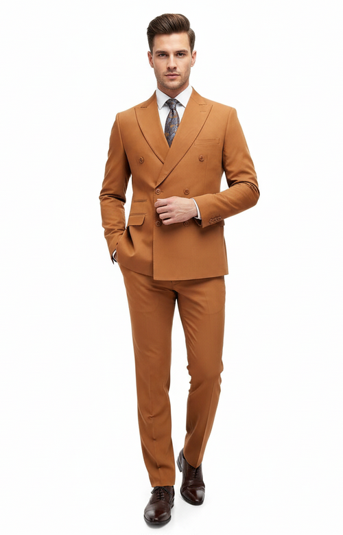 Vitali men's slim fit double-breasted suit in rust-orange color. Sharp jacket with notched lapels & double-row buttons. Straight-leg trousers for a structured silhouette.

