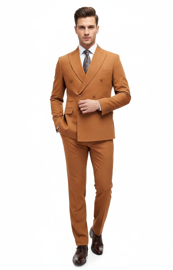 Vitali men's slim fit double-breasted suit in rust-orange color. Sharp jacket with notched lapels & double-row buttons. Straight-leg trousers for a structured silhouette.
