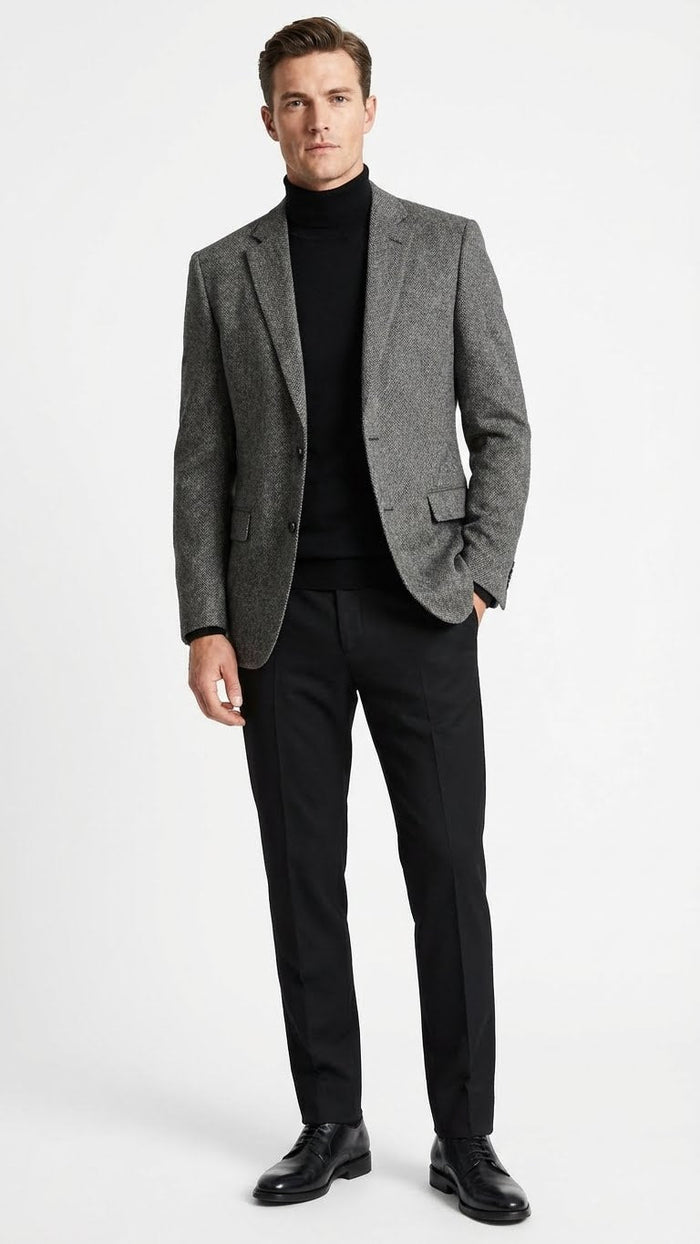 Men's grey tweed herringbone sport coat. Structured silhouette with notch lapels and two front pockets. Textured grey fabric with a classic herringbone pattern.

