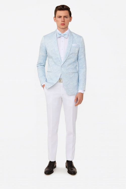 Light blue paisley tuxedo jacket with a floral pattern, fitted silhouette, and matching bow tie. Features a single-button closure, notch lapel, and tailored long sleeves, enhancing its formal look.
