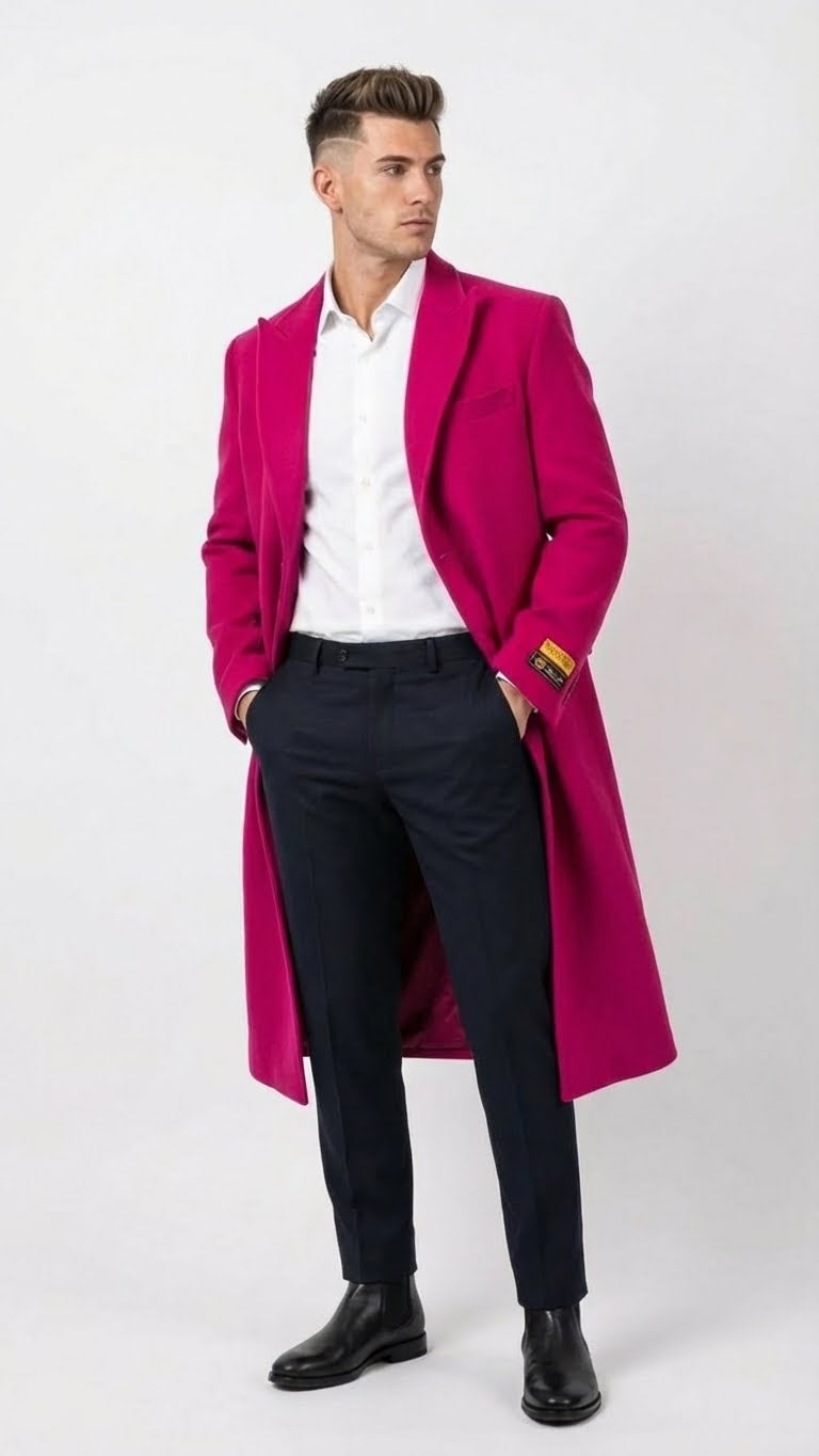 Men's hot pink wool blend overcoat. Long, straight cut with open front. Thick, textured winter fabric. No visible pattern. A stylish, warm winter coat.
