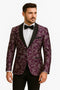 Purple & white paisley floral brocade tuxedo jacket. Slim-fit, peak lapel, single-breasted. Features bold pattern, black satin collar & trims, and tailored fit for a sleek silhouette.
