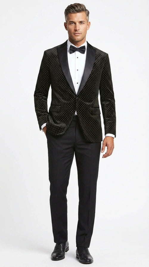 Men’s Black Velvet Dinner Jacket Blazer with Satin Lapel – Formal Evening Tuxedo Style Jacket Polk Dots Pattern + Free bowtie