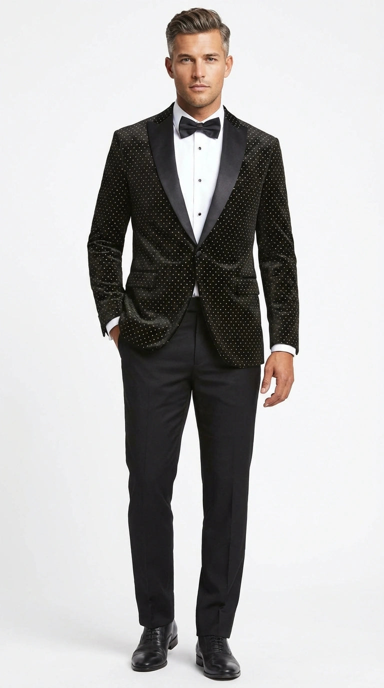 Men’s Black Velvet Dinner Jacket Blazer with Satin Lapel – Formal Evening Tuxedo Style Jacket Polk Dots Pattern + Free bowtie