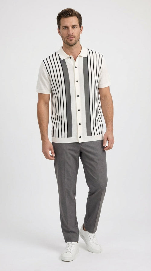 Mens White and Charcoal Gray Stripe Walking Suit Set Short Sleeve Button Shirt and Pants Casual Summer Outfit for Travel, Vacation and Everyday Wear | Alberto Nardoni Mens White and Charcoal Gray Stripe Walking Suit Set Short Sleeve Button Shirt and Pants Casual Summer Outfit for Travel, Vacation and Everyday Wear | Alberto Nardoni