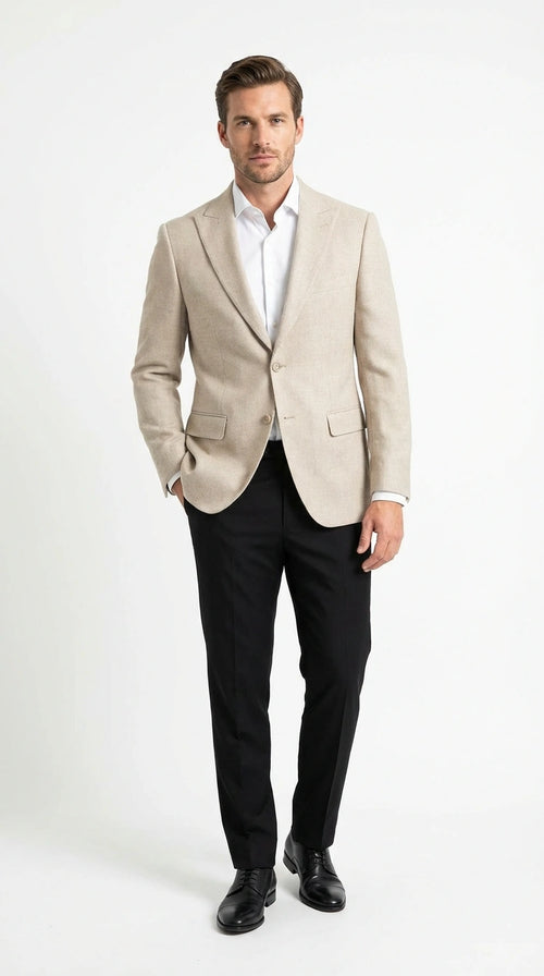 Zacchi Men’s Beige Hopsack Blazer – Classic Two Button Sport Coat with Peak Lapel Formal Jacket
