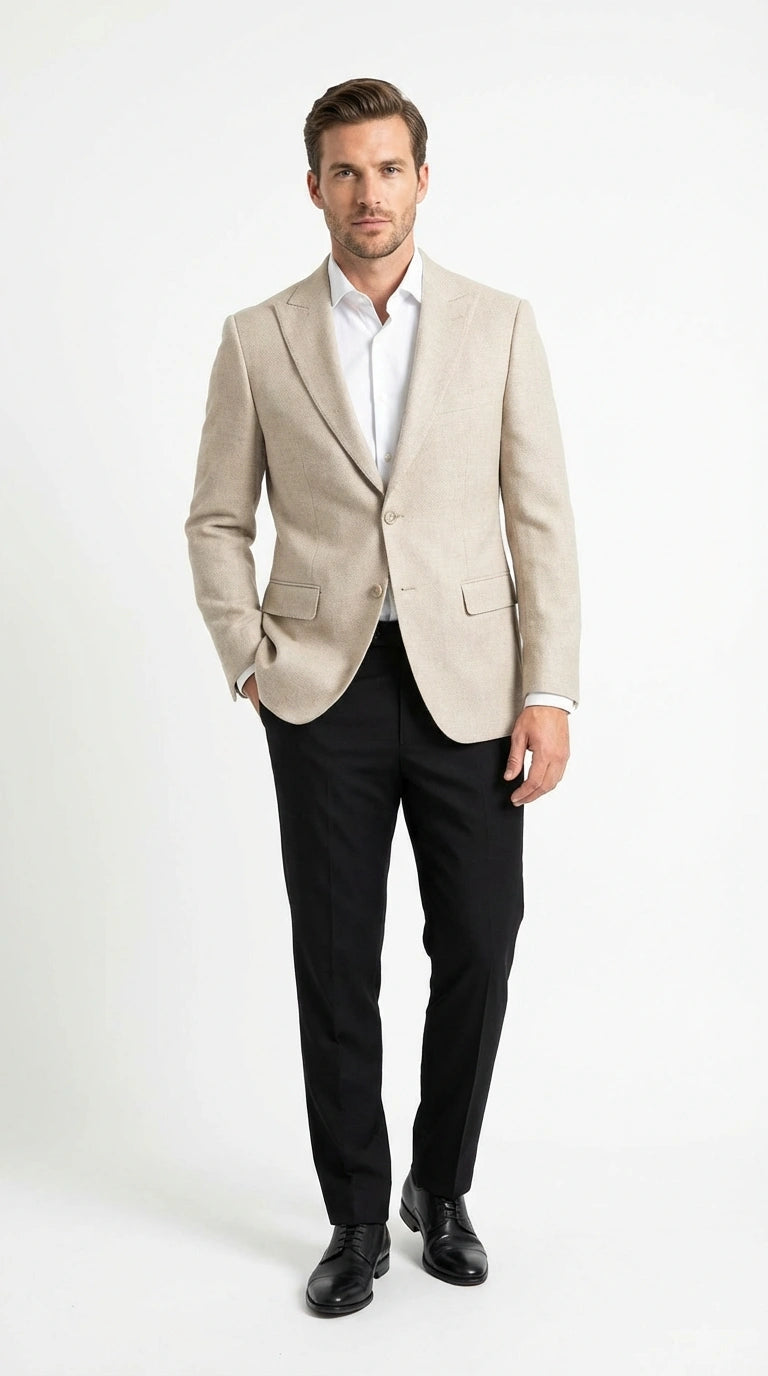 Zacchi Men’s Beige Hopsack Blazer – Classic Two Button Sport Coat with Peak Lapel Formal Jacket