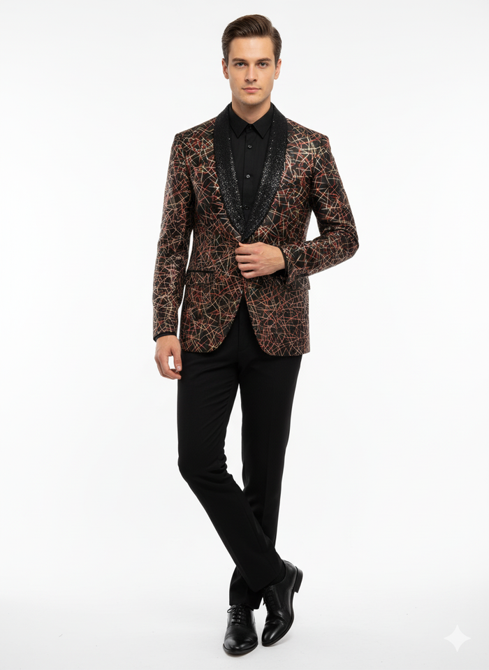 Men's black designer blazer. Shiny finish with red/gold geometric pattern. Black, textured shawl lapel. Structured fit, single-button closure.
