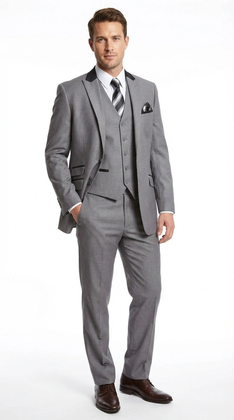 Men’s Light Gray Three Piece Suit with Black Chesterfield Collar  – Classic Formal Wedding and Business Suit Set 1920s Vintage