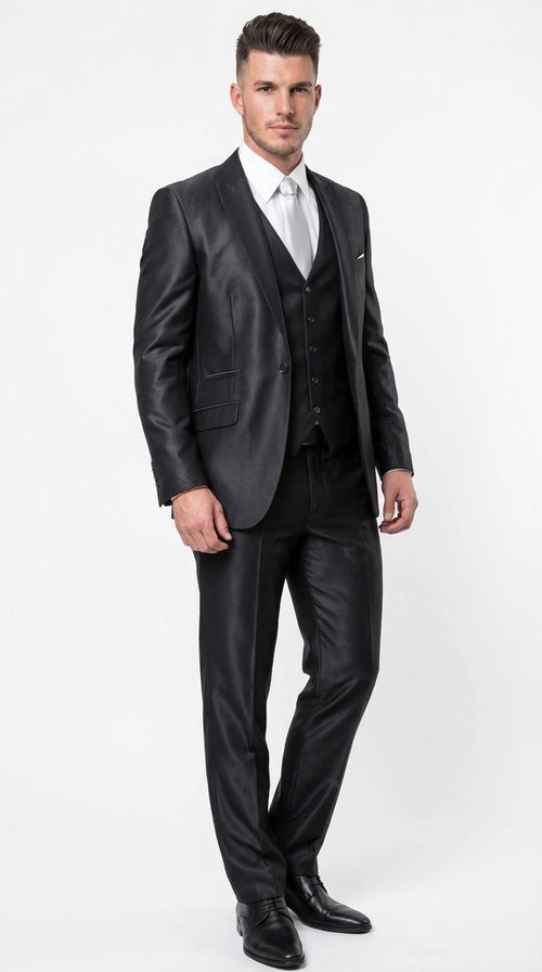 Men’s Black Three Piece Suit – Modern Fit 3PC Formal Suit with Vest for Wedding, Prom and Business Events Sharkskin Shiny Fabric