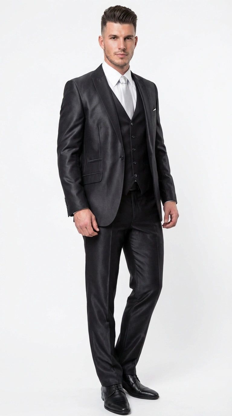 Men’s Black Three Piece Suit – Modern Fit 3PC Formal Suit with Vest for Wedding, Prom and Business Events Sharkskin Shiny Fabric