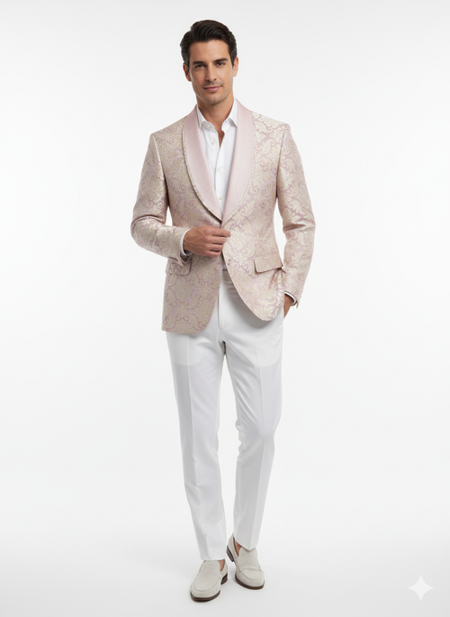 Men's lavender & gold tuxedo with a tailored fit. Embroidered lilac mauve blazer featuring a floral pattern, shawl collar, and shiny material.
