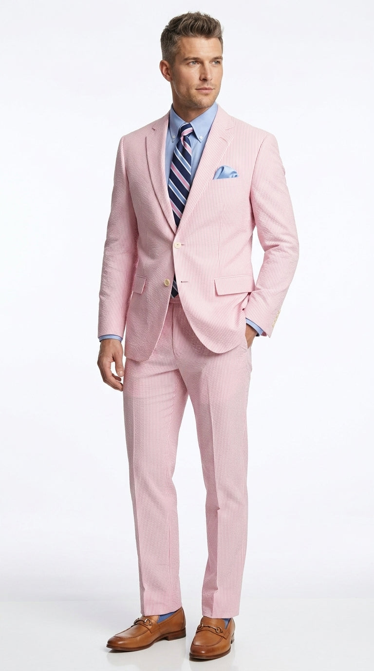 Men's Pink Seersucker 2 Piece Suit, Lightweight Summer Dress Suit for  Weddings, Prom, Parties, and Special Occasions