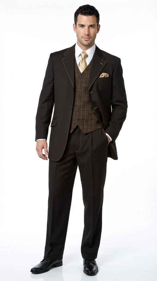 Men’s Dark choclate Brown Three Buttons 3 Piece Suit – Classic Brown 3PC Wedding, Church and Business Formal Suit for Men