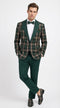 Mens Tartan Green and Brown Blue Plaid Tuxedo Dinner Jacket Set – Checkered Prom Blazer with Dark Green Pants Formal Wedding Party Wear
