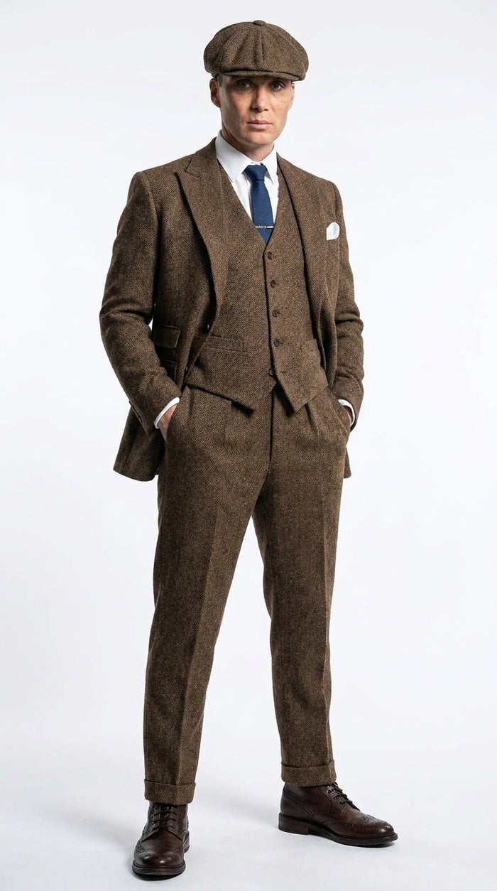 Men’s Thomas Shelby Inspired Brown Herringbone Tweed 3 Piece Suit – Peaky Blinders 1920s Vintage Suit