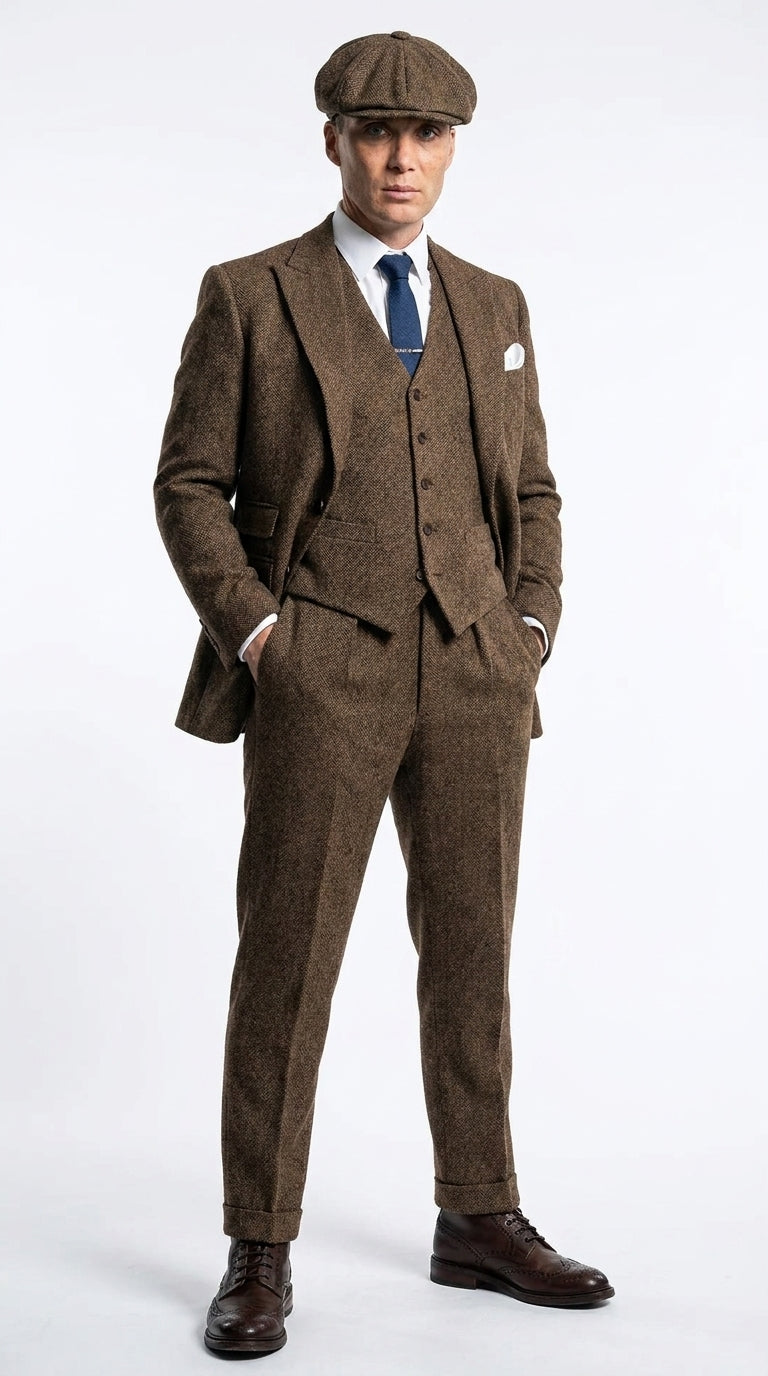 Men’s Thomas Shelby Inspired Brown Herringbone Tweed 3 Piece Suit – Peaky Blinders 1920s Vintage Suit