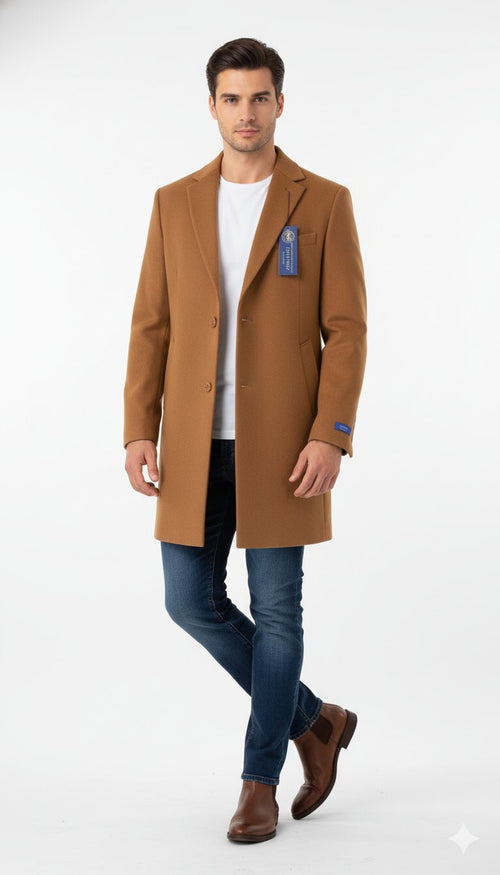 Men’s Camel Brown Wool Top Coat – Classic Long Overcoat for Formal and Casual Wear in rust copper