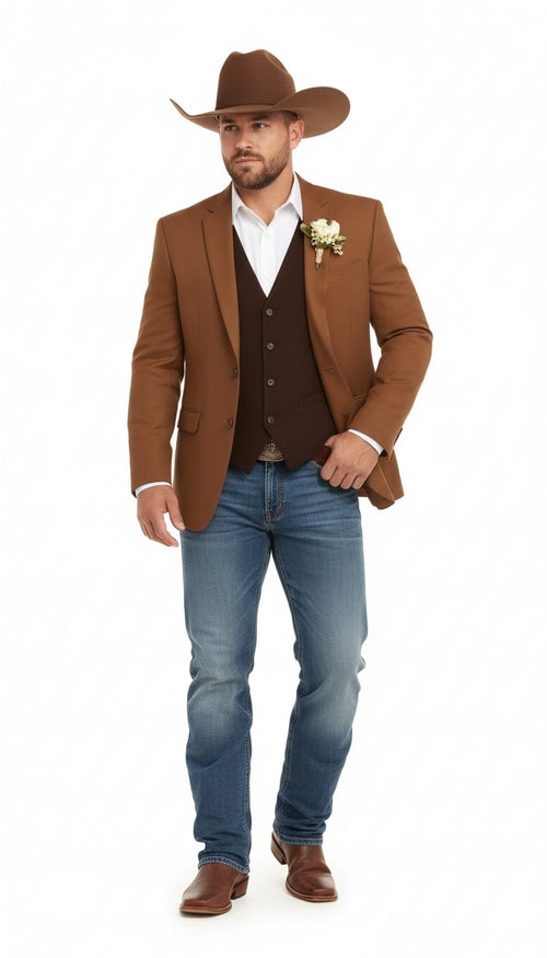 Rust copper brown men's western blazer. Tailored fit, single-breasted, two front pockets. Smooth, structured material. Classic western style.
