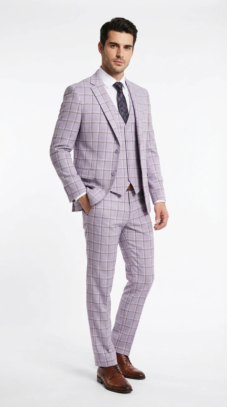 Men’s Lilac Lavender Windowpane Check 3 Piece Suit – Lilac Plaid Formal Suit with Vest for Wedding, Prom and Business Events
