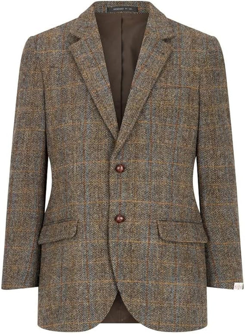 Harris Tweed Blakemore Blazer: Men's tailored blazer in brown tweed with blue/orange checks. Single-breasted, notch lapels, two pockets. Features brown buttons and a contrasting brown lining.
