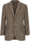 Harris Tweed Blakemore Blazer: Men's tailored blazer in brown tweed with blue/orange checks. Single-breasted, notch lapels, two pockets. Features brown buttons and a contrasting brown lining.
