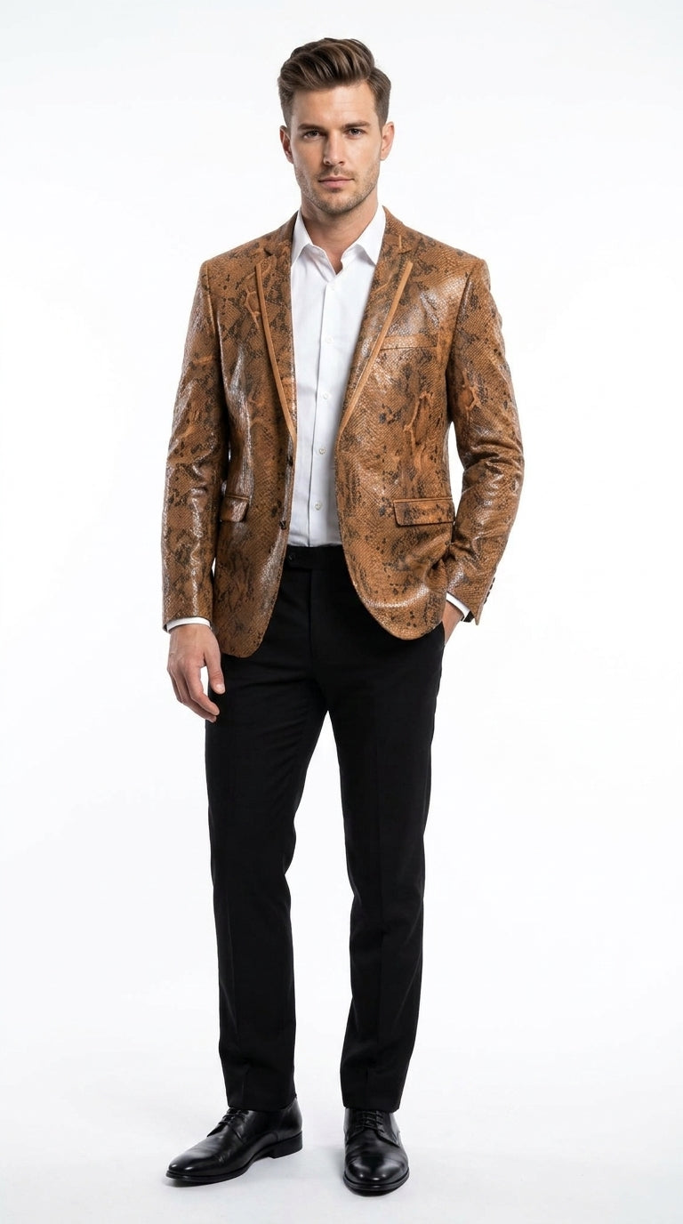 Men’s Brown Snakeskin Pattern Blazer – Stylish Exotic Print Formal Blazer Jacket for Party, Exotic Crocodile Alligator Print
