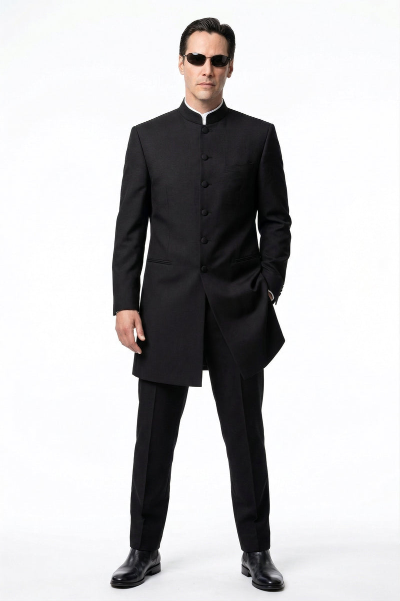 Men's Black Coat Matrix Keanu Reeves Inspired Long Coat – Classic Mandarin Collar Formal Overcoat, Stylish Winter Trench Coat, Neo Style Jacket