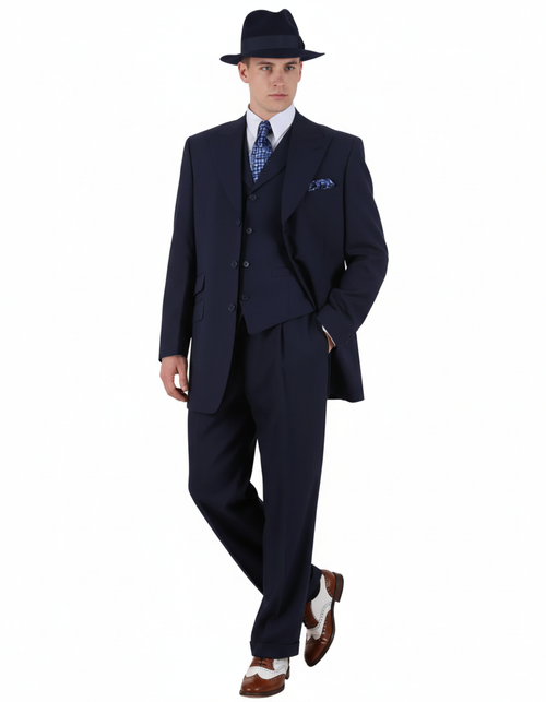 Men's 1920s navy blue zoot suit: classic fit, pleated pants, long jacket, fedora. Includes wingtip shoes (brown/white).