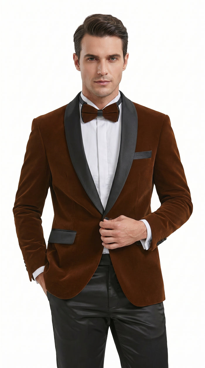 Men’s Brown Camel Bronze Velvet Tuxedo Jacket, Shawl Lapel Wedding Prom Dinner Blazer - Blazer Sportcoat