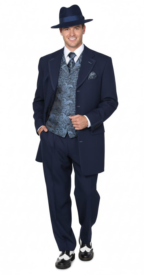 1920s navy blue zoot suit for men. Includes a long jacket (notch lapel), paisley vest, and pleated pants. Features a navy hat and black/white wingtips for a complete vintage look.