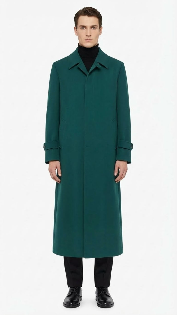 Alberto Nardoni men's green overcoat. Full-length, straight silhouette with lapel collar and buttoned cuffs. Solid green fabric, side pockets.
