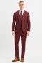 Burgundy three-piece slim fit suit for men: jacket (single-button, notch lapel), vest (three buttons), pants. Smooth fabric, tailored silhouette. Includes white shirt & burgundy tie.
