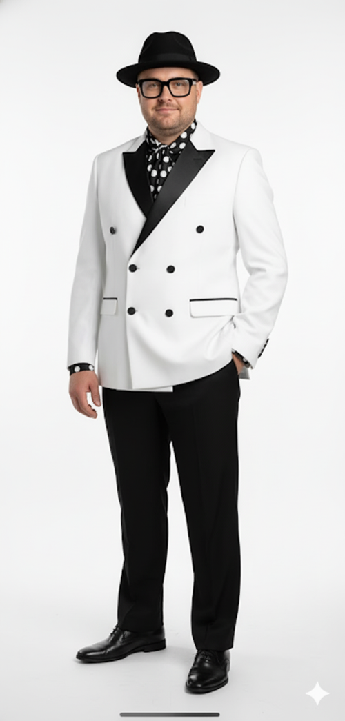 Men's white & black double-breasted tuxedo with a modern slim fit. White jacket, black peak lapels & 6 buttons. Black pants. Includes a black-and-white polka dot shirt.