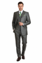 Olive green, classic fit three-piece suit with vest and tie. Pleated pants, three-button closure, and smooth fabric.
