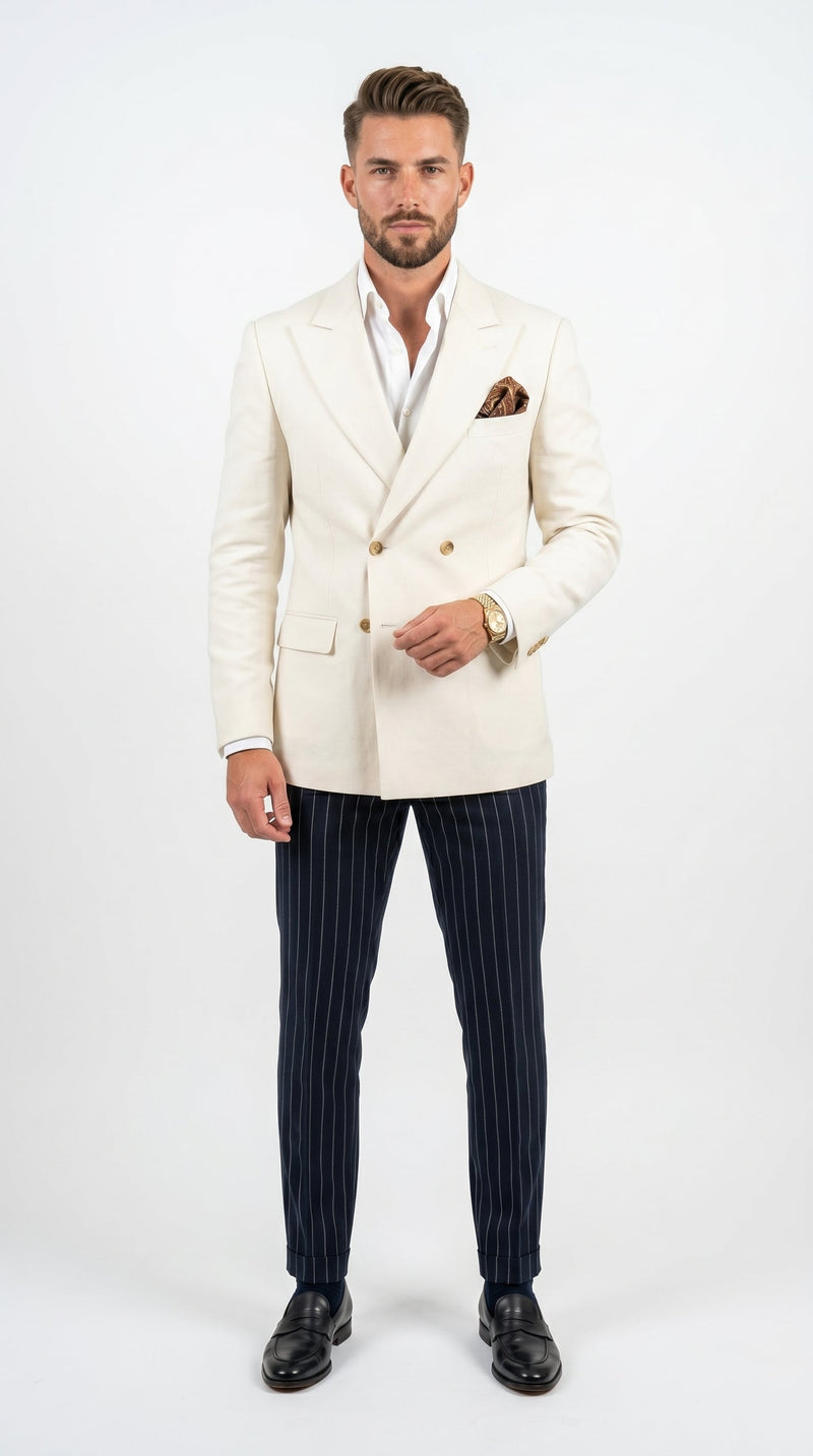 Men’s Ivory Linen Double Breasted Blazer, Lightweight Wedding Dinner Sport Coat Jacket Cream Off White