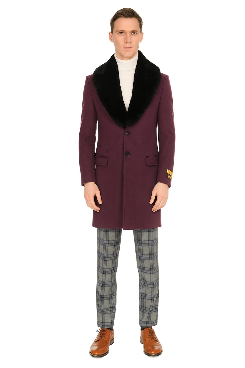 Men's purple wool overcoat with black faux fur collar. Straight cut, single-breasted with two buttons. Features two front pockets.
