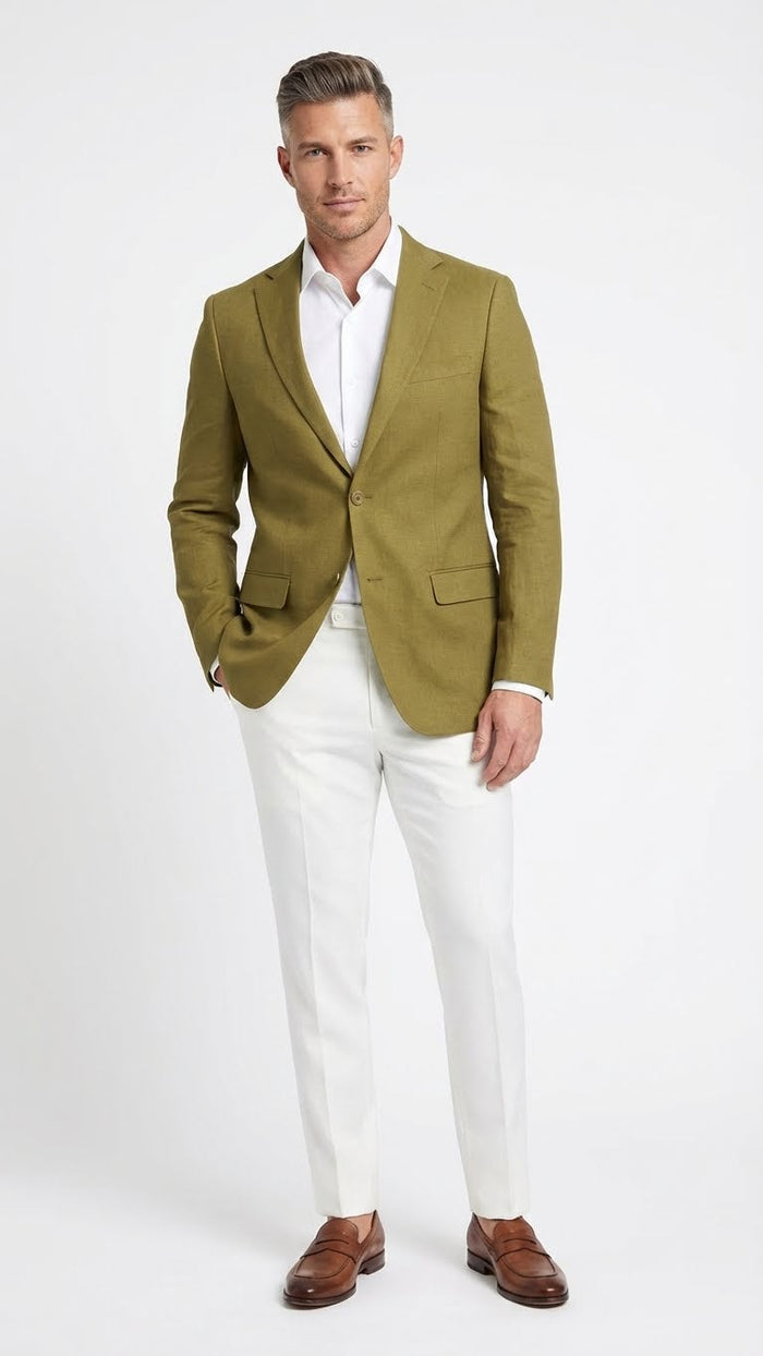 Alberto Nardoni men's olive green blazer. Tailored fit, single-breasted, notch lapels. Textured fabric, unlined for breathability, two-button closure, and two front pockets.
