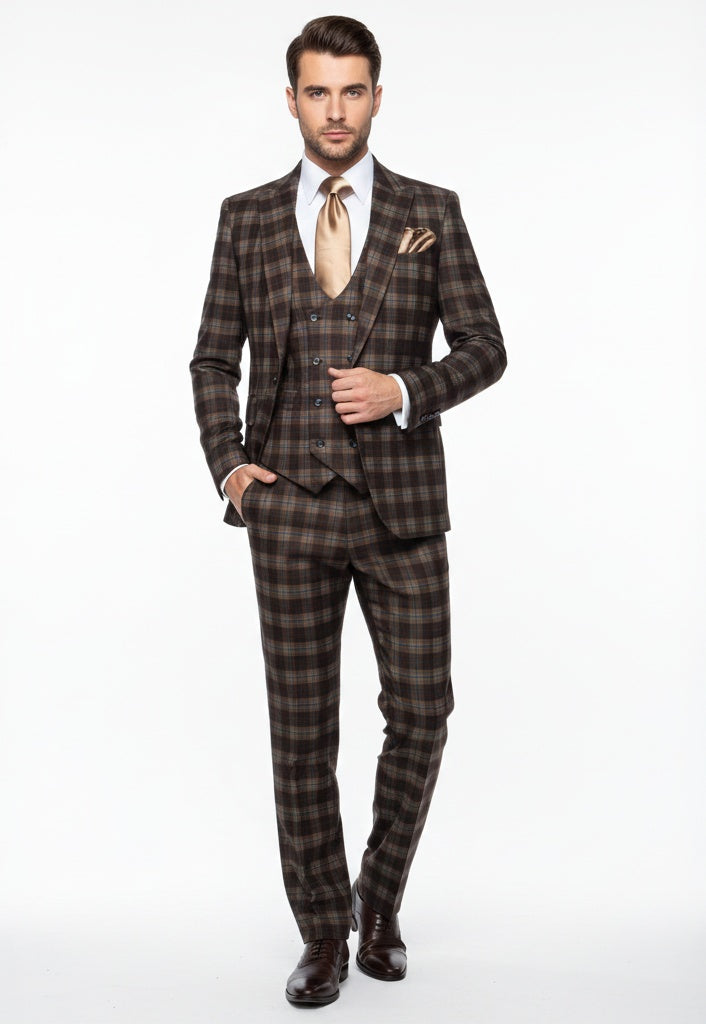 Men’s Brown Plaid Windowpane Three-Piece Suit Set – Classic Slim Fit Jacket, Double-Breasted Vest and Modern Fit Pants  By Rossiman