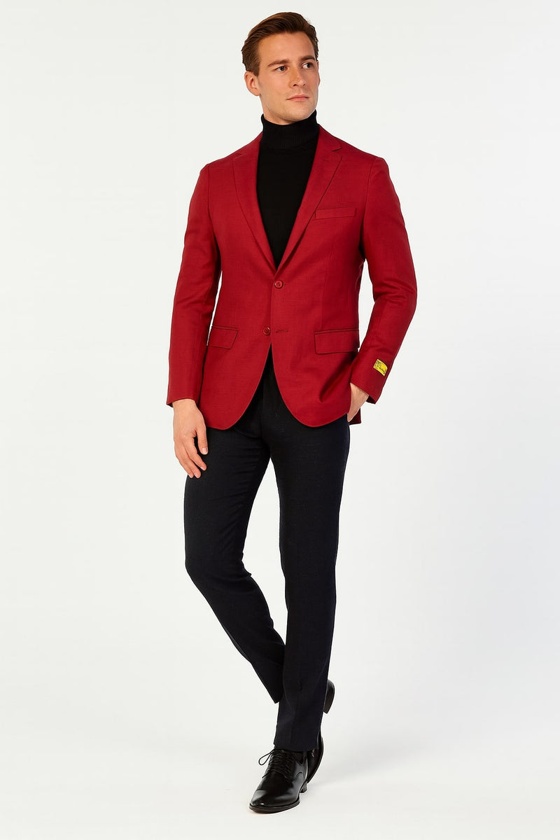 Men's burgundy sport coat. Slim fit, two-button, notched lapels. Features textured fabric and two front pockets. Perfect for a stylish look.
