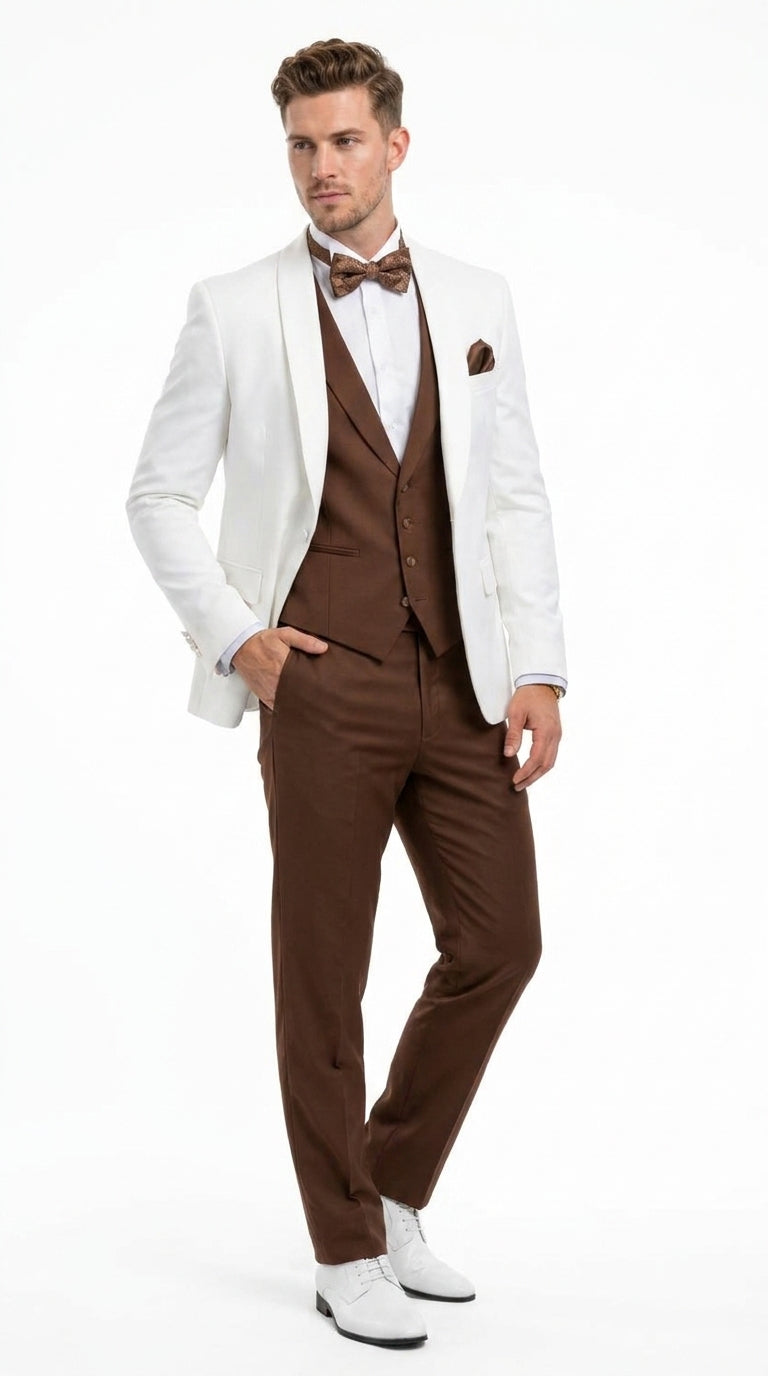 Men’s Ivory and Brown 3 Piece Suit – Elegant White Blazer with Brown Vest and Trousers for Wedding, Prom and Formal Events in off White Cream + Bowtie