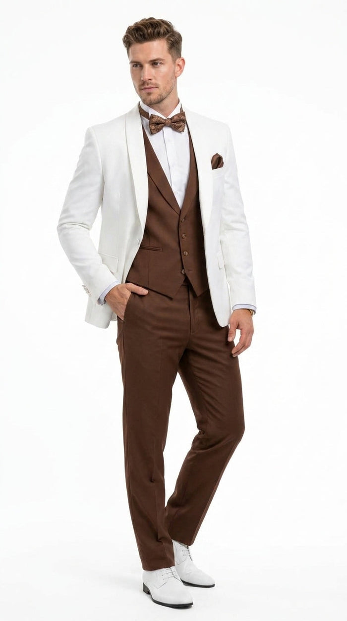 Men’s Ivory and Brown 3 Piece Suit – Elegant White Blazer with Brown Vest and Trousers for Wedding, Prom and Formal Events in off White Cream + Bowtie