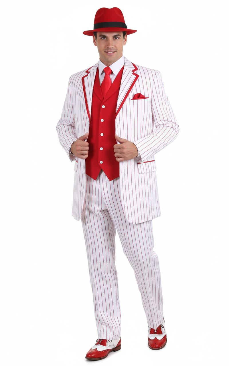 Mens 1920s White and Red Pinstripe Zoot Suit with Fedora Hat and