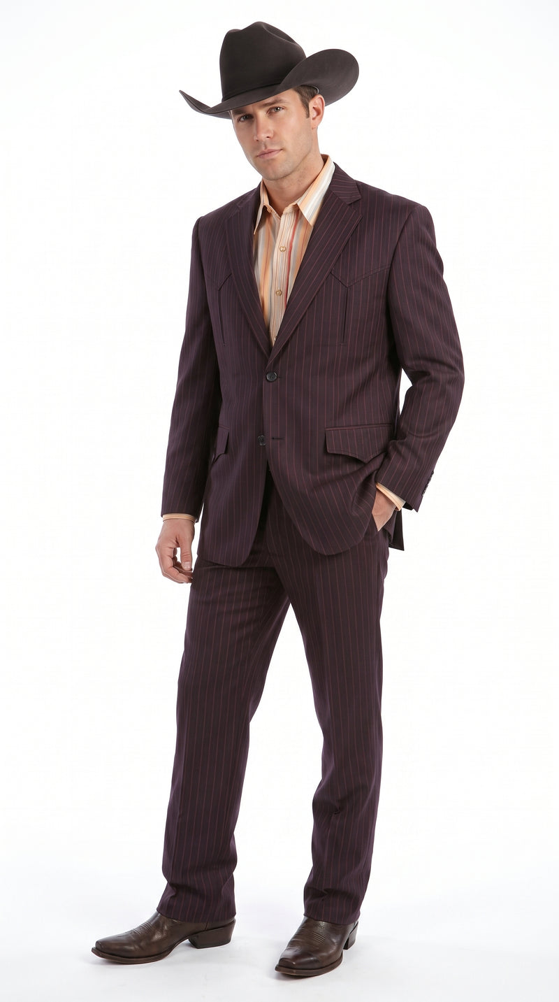 Men’s Brownish Black Pinstripe Western Suit, Cowboy Formal Wedding Ranch Dress Suit Set Slim Fitted