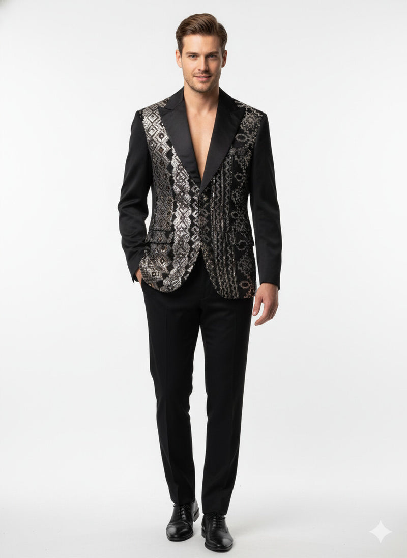 Mens Black and White and Silver Sequin Embroidered Blazer - Luxury Designer Party Wear with Geometric Detailing