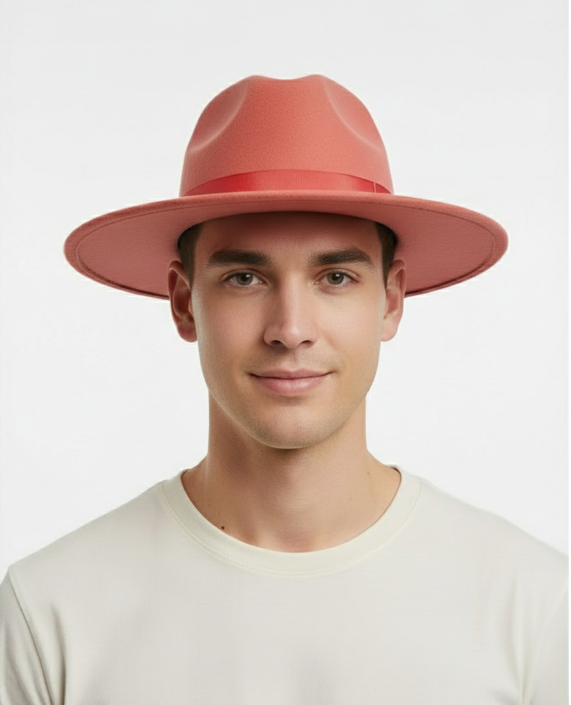 Men’s Coral Pink Wide Brim Fedora Hat – Wool Felt Dress Hat with Red Ribbon Band