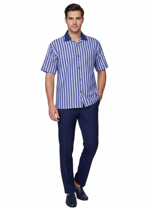 Men's short sleeve shirt set: Blue/white striped shirt with navy collar/button-up, paired with navy pants.
